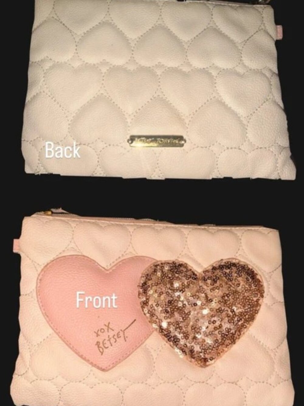 Betsey Johnson Light Pink Quilted Heart Wristlet with Rose Gold Sequin Heart